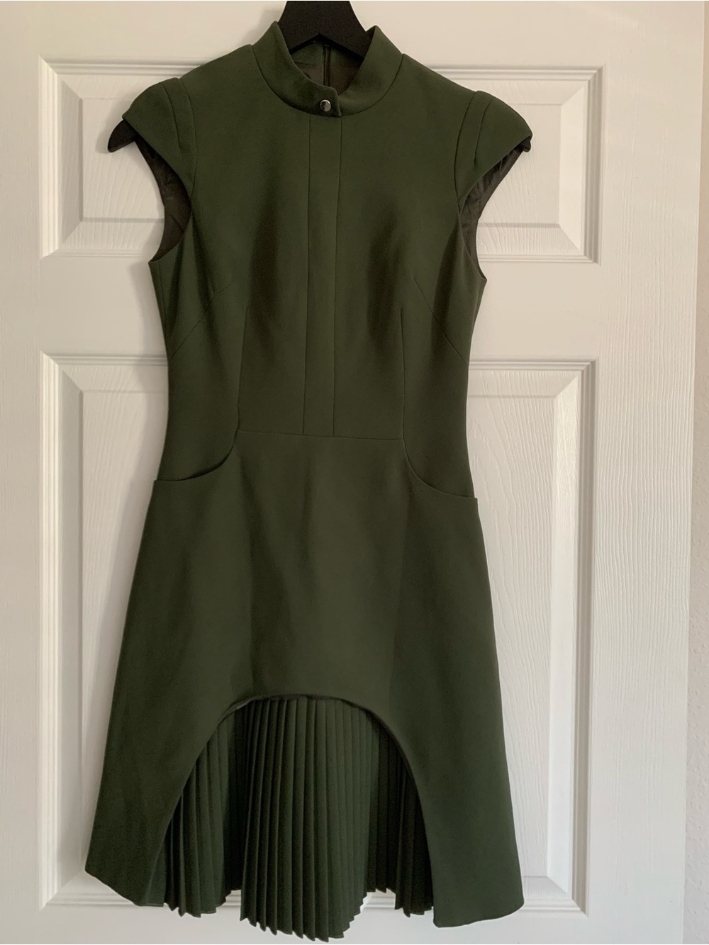 Karen Millen Olive Green High-Low Pleated Hem Dress